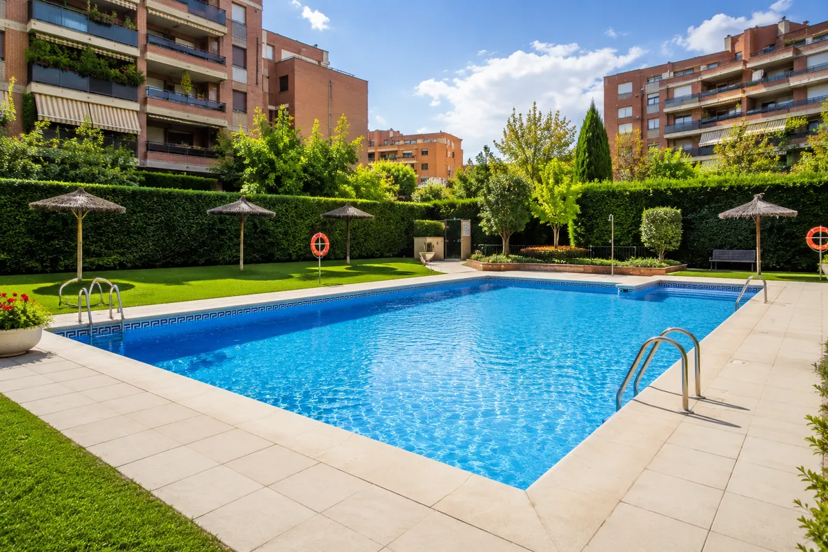 Piscina comunitaria con el agua limpia y el recinto cuidado